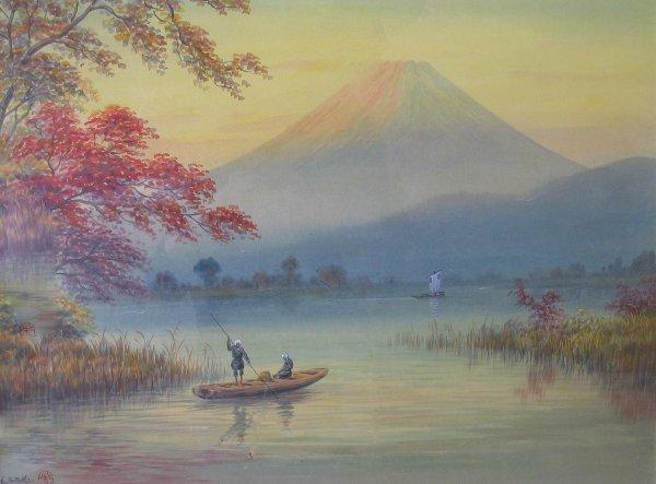 Men in boat on lake by Mt Fuji