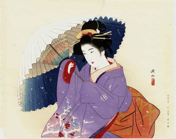Bijin with umbrella in winter snow