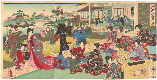 Street jugglers and musicians entertaining a noble family in their garden