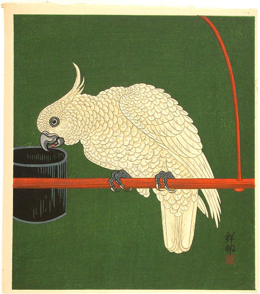 Cockatoo on a red bar