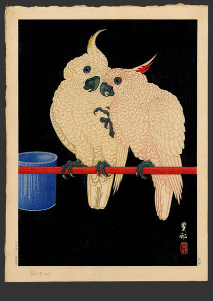 Two White Cockatoo on Red Bar