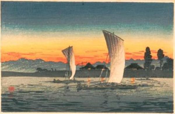 Homeward bound boats- blue and golden sky