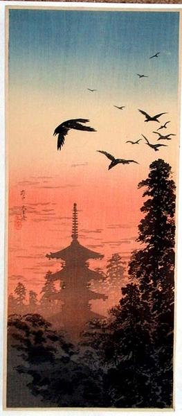 Pagoda and Crows at Sunset