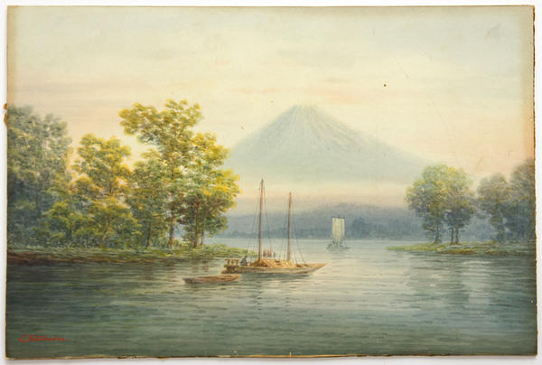 Boats on Lake by Mt Fuji