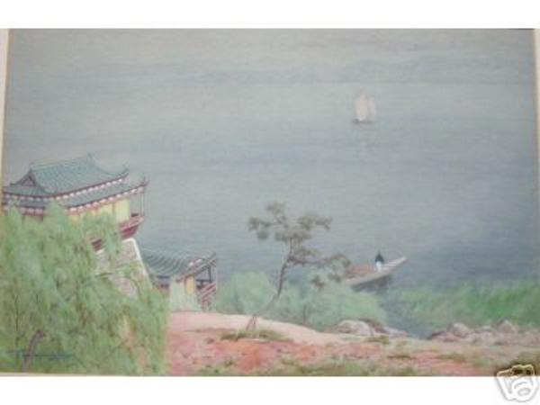 Castle and boatman on lake or river