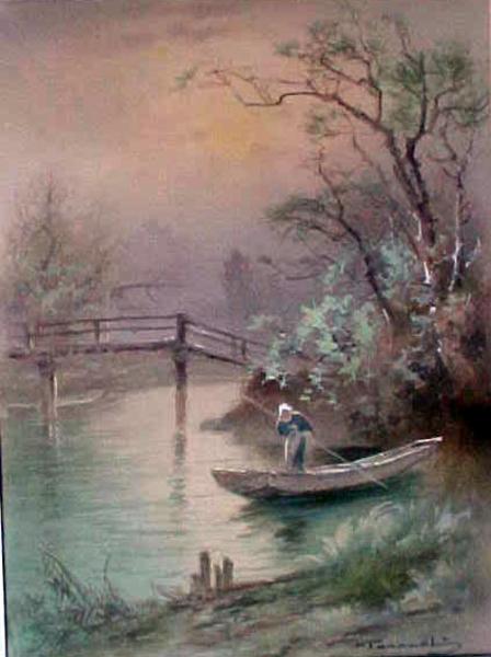 Twilight river boat bridge scene