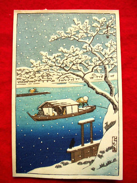 River Sumida in snow; house-boat