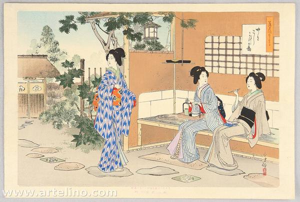 Chatting in a small garden shelter near the tea house