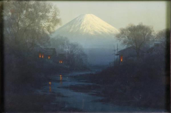 Evening town scene with Mt Fuji
