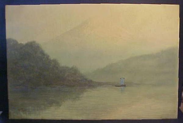 Mistly lake and sailboat near Mt Fuji