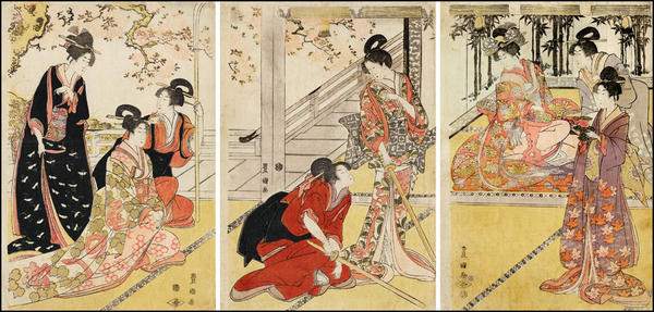 Two bijin performing a mitate of a sword fight watched by ladies of the upper class