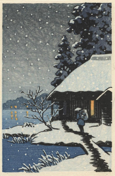 Evening View of a Snow Covered Cottage