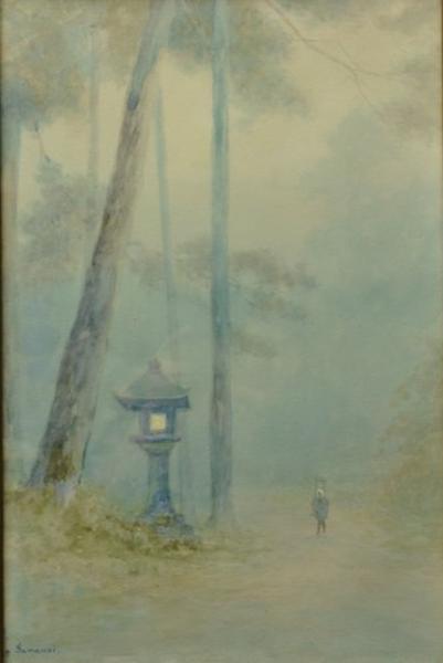 Figure passing by a woodland shrine