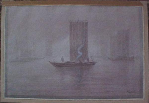 Boats in misty harbor or river