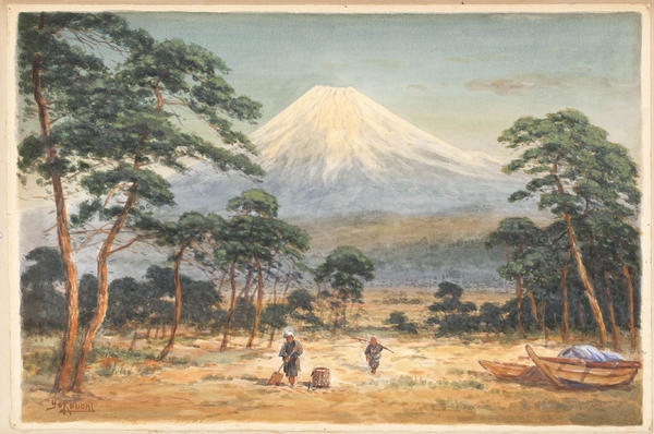 Two fishermen with Mount Fuji in the distance