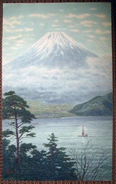 Fuji and Lake with Sailboat