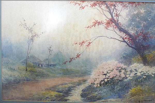 Cottage by Stream with  Autumn Flowers