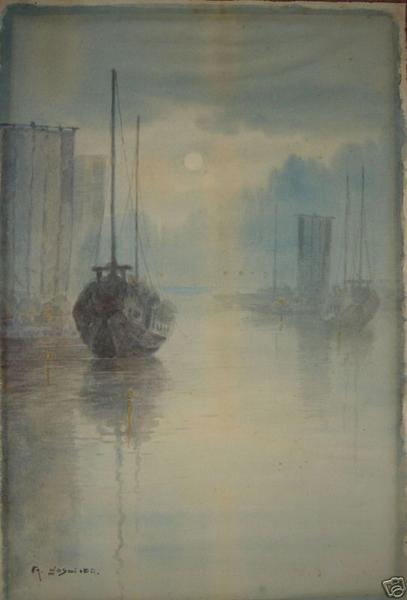 Moonlit harbour with sailboats