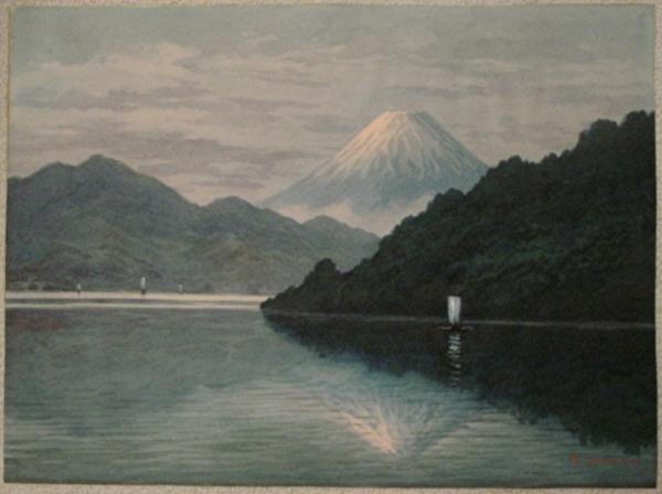 Mt Fuji from Lake with Sailboats