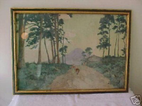 Farmhouse and figures on a tree-lined path overlooking Mt. Fuji