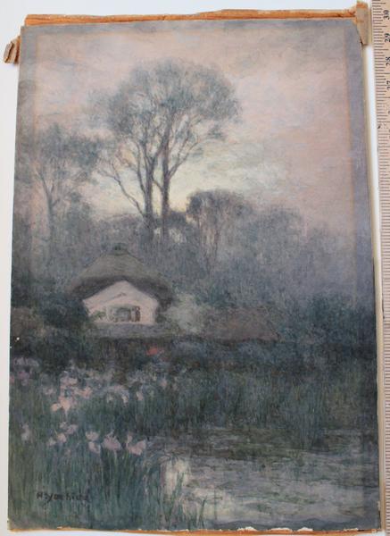 Farmhouse by Pond and Iris
