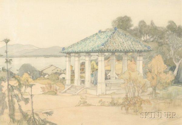 Small pavilion with figures overlooking a bayside village