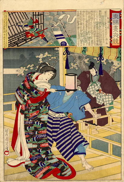 An elegantly attired bijin twists to illuminate an attacker from her back