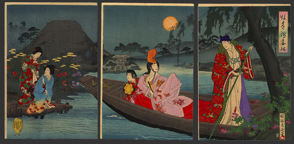 An Heian Courtier and Court Lady boating in the moonlight