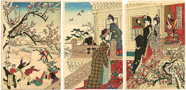 Children playing with snow in the Emperor and Empress Meiji Plum Garden
