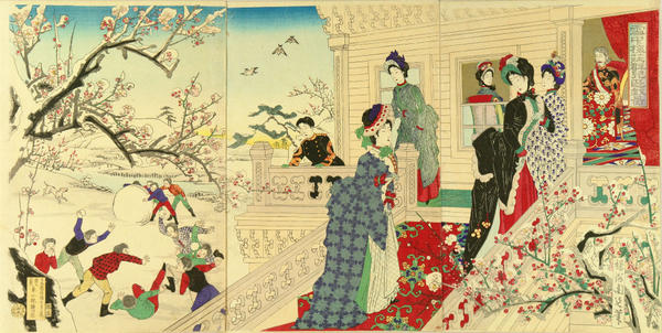 Children playing with snow in the Emperor and Empress Meiji Plum Garden