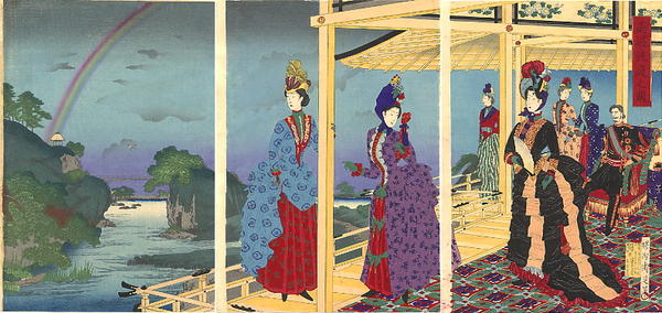 The Meiji emperor shown outdoors surrounded by a party of court ladies