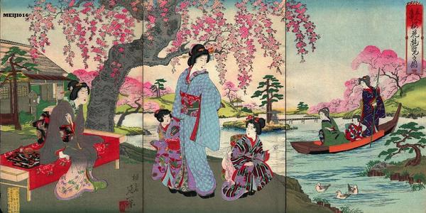 Unknown- bijin child garden pond boat cherry spring flower bird