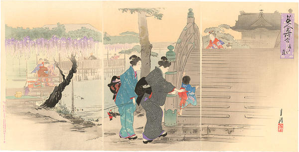 Women and children viewing wisteria at Kameido Shrine