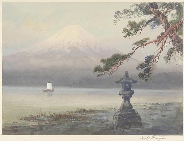 Mount Fuji and a temple lantern