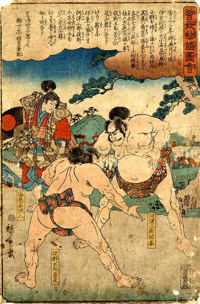 two Sumo wrestlers confront each other