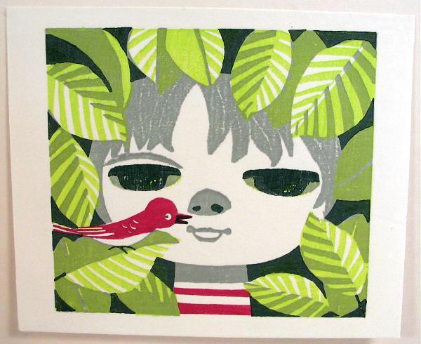 Unknown- girl and bird and leaves