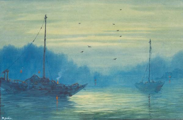Ships in mist at night