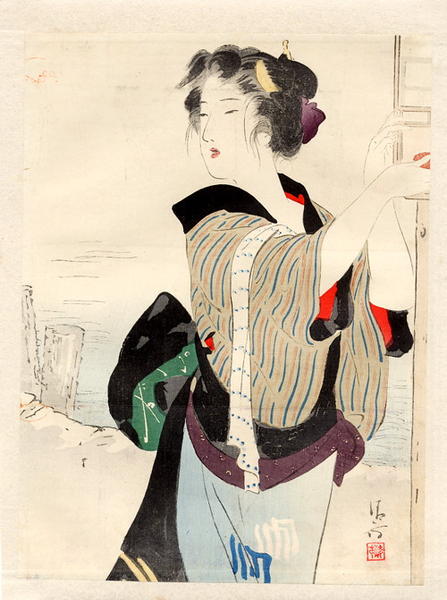 Three-quarter length portrait of a bijin beside a river