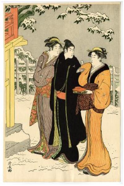 young man and two young women out walking in the snow
two young women out walking in the snow