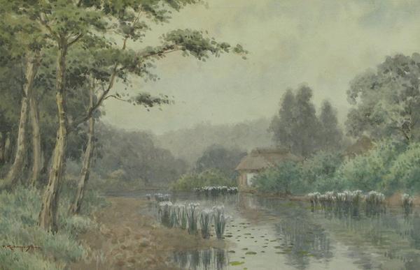 River scene with farmlet and iris