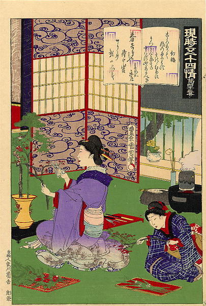 Kobai (Red plum). A lady arranging flowers