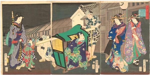 Genji arriving at a geisha house in the Yoshiwara in a palanquin