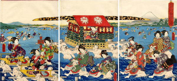 Oigawa- Imperial kago containing a Princess being ferried by porters across a lake at Mt Fuji
