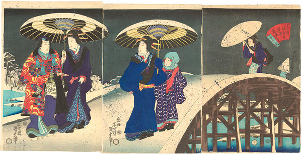 Genji and women on a snowy night in the Autumn (11th month) at Sugatami Bridge