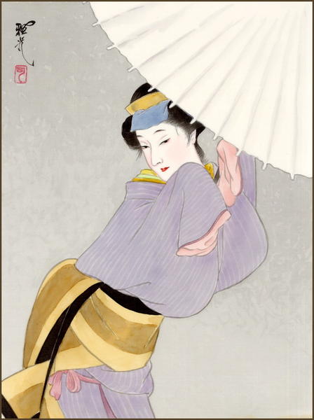 Bijin in the Snow- silk painting