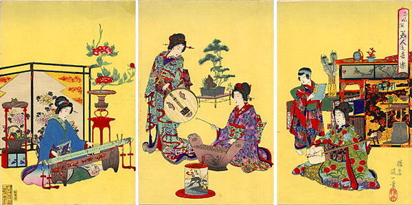 Beautiful ladies playing music in the Kyoto style.