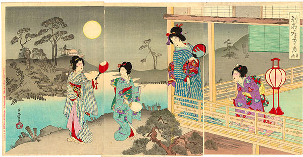 Women in a garden at a villa under a full moon