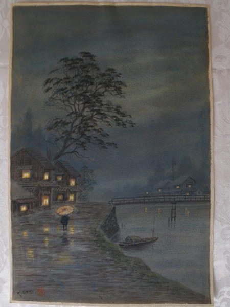 Rainy Night Scene with Village Bridge