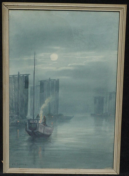 Ships in harbour on moonlit night