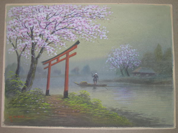 Torii in spring beside stream